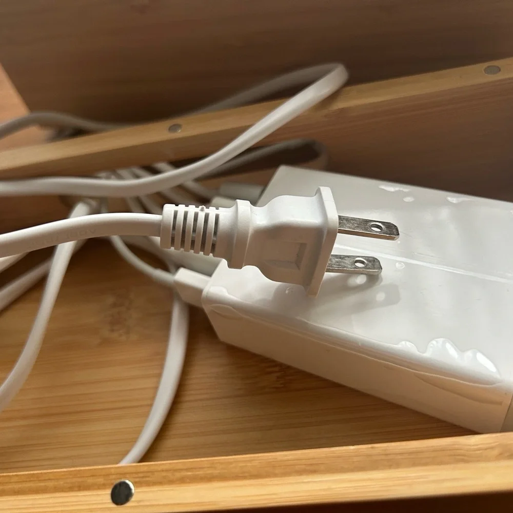 iPhone Apple Watch iPad device charging station with cords - Wood